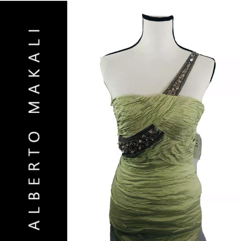 Alberto Makali lime green beaded cocktail dress 4